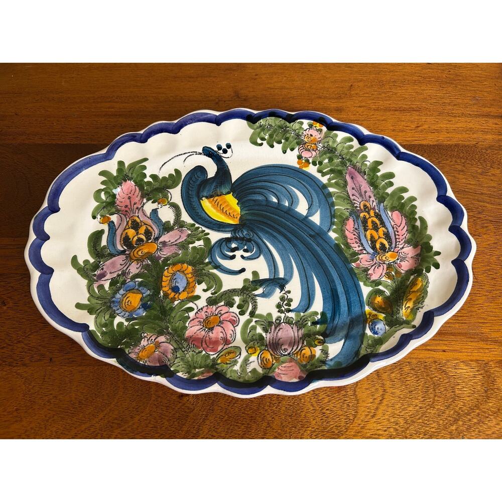 Vintage Skyros Greece Peacock Serving Dish Hand Painted Wall Decor